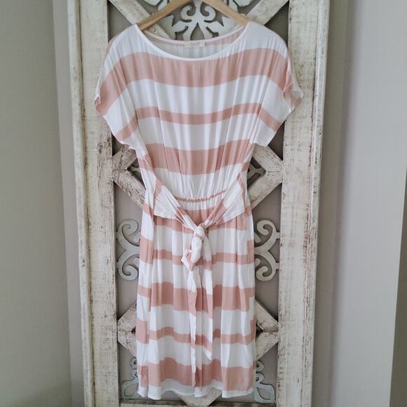 Oddy Women's Short Sleeve Dolman T-Shirt Tie Elastic Waist Midi Dress in Peach - Picture 4 of 9